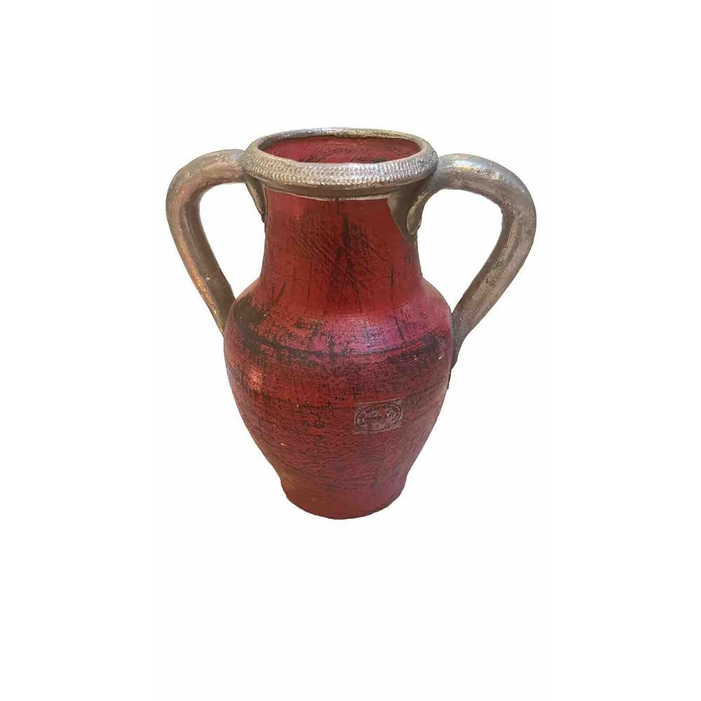 Romblast Romanian Vintage Dark‎ Red Clay Vase Silvertone Handles, 7 Inches Tall